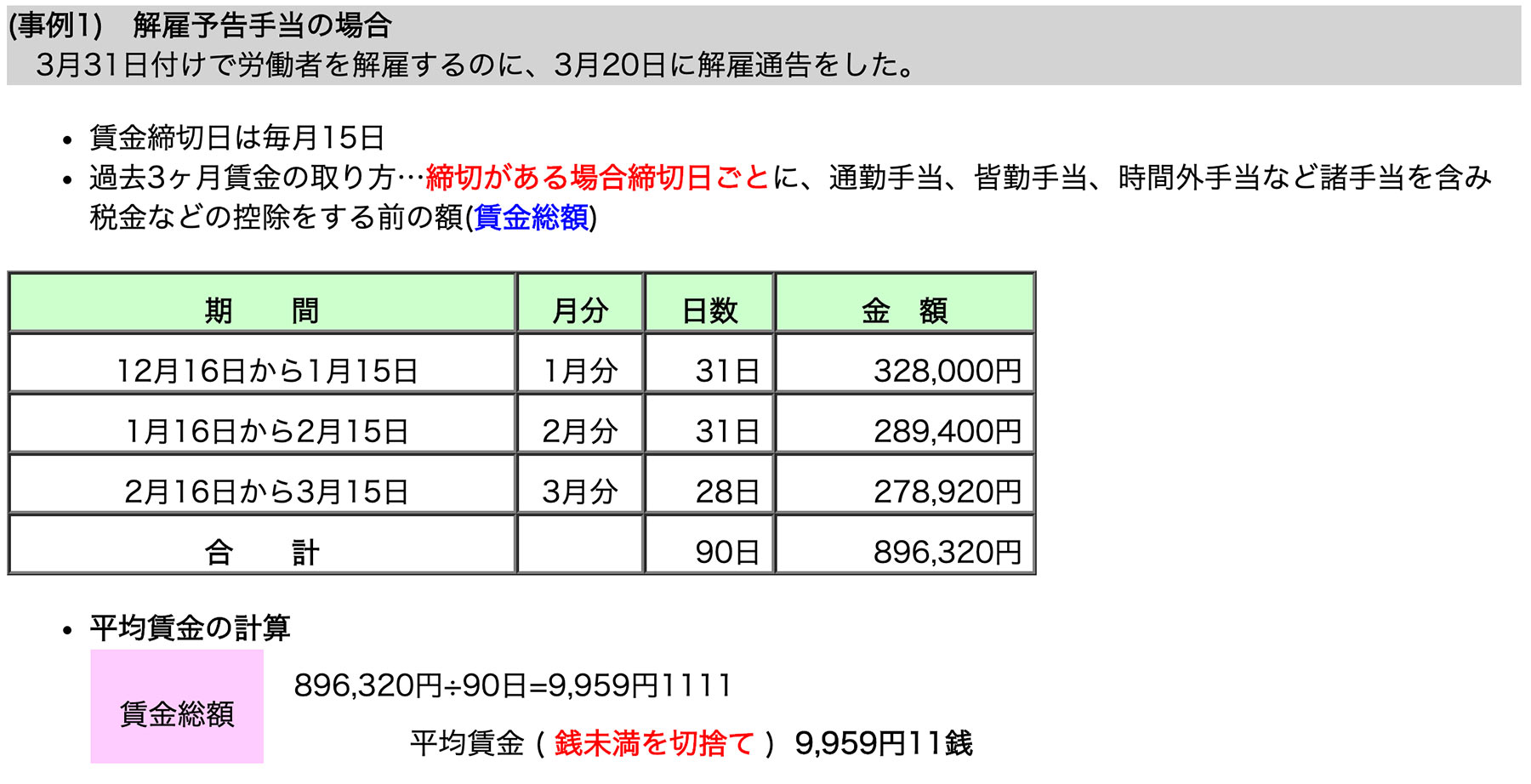 解雇予告手当の場合の計算